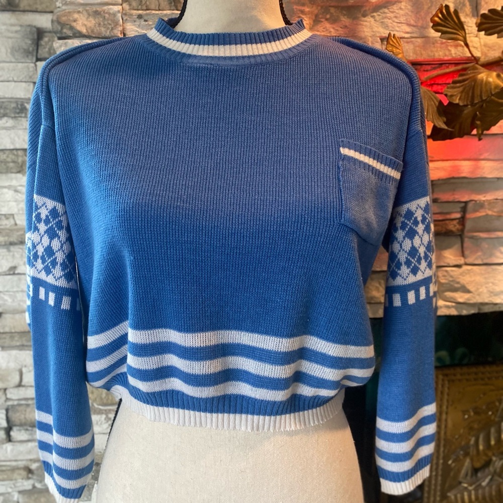 Girls Sweater M 10-12 Blue White Argyle Stripe Women’s Cropped Preppy READ Used